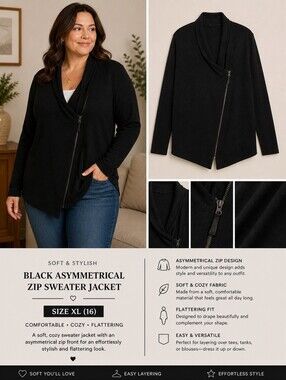 Black Asymmetrical Zip Women's Sweater Jacket Size XL 16 Soft Cozy
